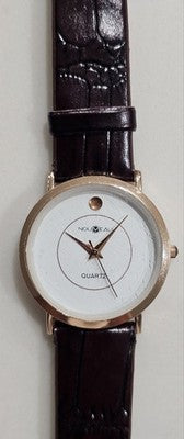 Vintage Nouveau Quartz Watch Movado Style White Dial Brown Leather Strap