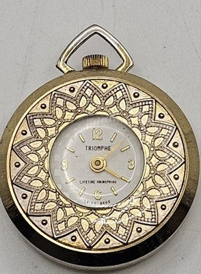 TRIOMPHE Swiss Reversible Pendant Watch Rococo Painting Floral Filigree Vintage