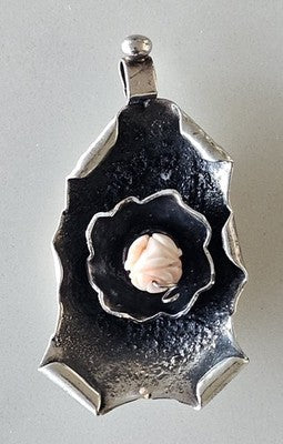 Vintage Brutalist Sterling Silver Pendant with Carved Coral Rose Flower