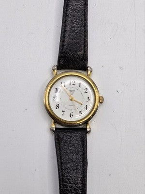 GUESS Gold-Tone Women's Quartz Watch Black Leather Strap not Working Sold as is