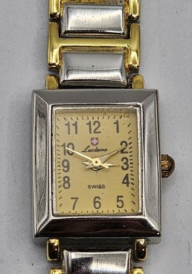 Luciano Swiss Quartz Ladies Two-Tone Square Face Dress Watch in Wood Box
