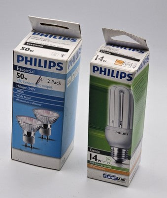 Philips Light Bulb Bundle: 2x 50W Halogen & 1x 14W Genie CFL Warm White