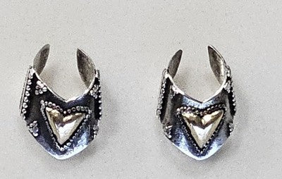 Antique 925 Sterling Silver & 18K 750 Gold Heart Ear Cuff Earrings Set