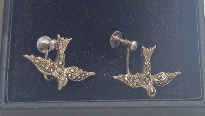 Vintage Sterling Silver Marcosite Swallow Bird Screw Back Earrings