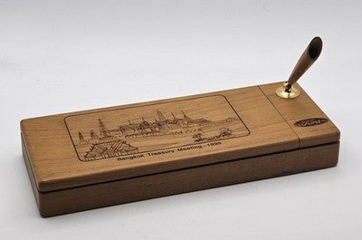Vintage Bangkok Treasury Meeting 1999 Wooden Desk Pen Box Caddy Organizer