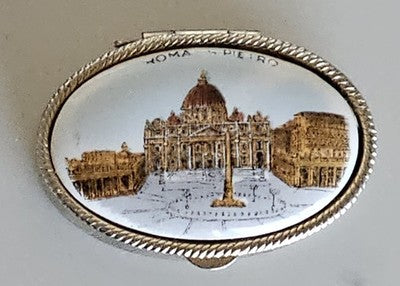 Vintage Roma S. Pietro Vatican City Porcelain Pill Box Oval Gold Tone Souvenir