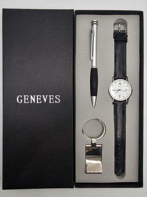 GENEVES Mens 3pc Gift Set Watch Swiss Movt Quartz Pen Keyring Stainless Back Ne