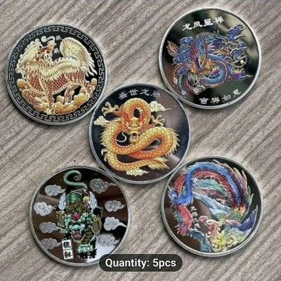 Vintage Metal Animal Theme Commemorative Plates - Chinese Feng Shui Silver- 5pcs
