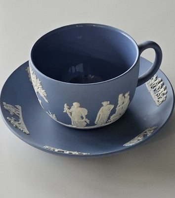 Vintage Wedgwood Blue Jasperware Cup and Saucer Set, Classical Greek Neoclassica