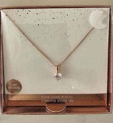 Rose Gold Plated 925 Sterling Silver Cubic Zirconia Sleek Bale Necklace NIB