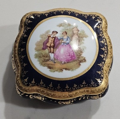 Vintage Limoges France Fragonard Courting Couple Cobalt Blue Gold Trinket Box