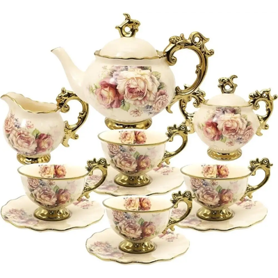 Afternoon Tea Set 15 Piece British Royal Floral Golden Porcelain FANQUARE