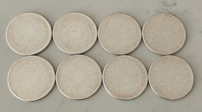 Vtg WILSON STRACHAN AUST Set of 8 Reversible Coasters Silver Tone Ornate Scroll