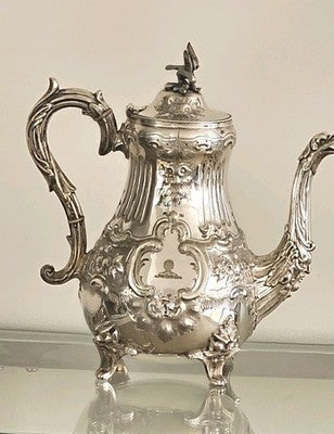 Antique Silver-Plated Eagle Crested Coffee Pot - Victorian Style Floral Repousse