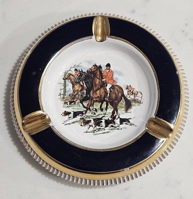 Vintage Handmade Florentine Italy Ceramic Ashtray - Fox Hunt Scene with Gold Tri
