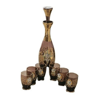 BOHEMIAN CZECH AMETHYST Purple Decanter w/6 Shot Glasses Set GOLD HANDPAINTED