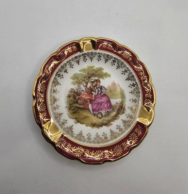 La Reine Limoges Fragonard Trinket Dish Gold Ruby Red Rims 11.5cm