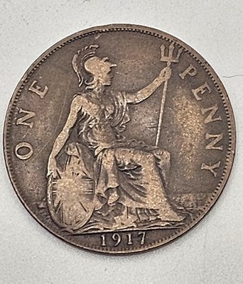 1917 UK Great Britain British One Penny Coin 1D From WW1