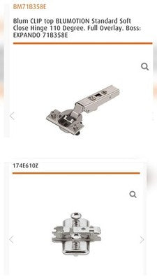 Blum Hinges Soft Close Clip On 71B3550 & Mount Plate 110 Degree Overlay + Screws