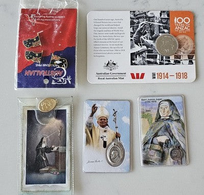Mixed Collectables Lot: ANZAC 20c Coin, Australian Flag Pins & Religious Medals