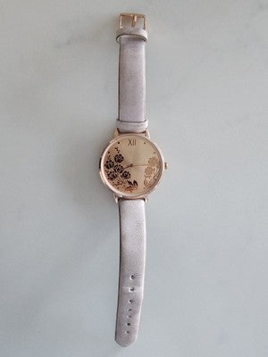 Women's Floral Large Dial Quartz Watch with Leather Band- New Battery Working