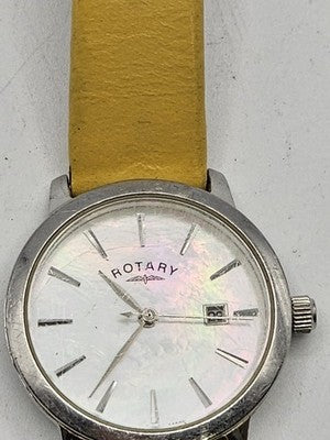 Rotary Ladies Dolphin Standard MOP Dial Date Yellow Leather Strap Watch Working