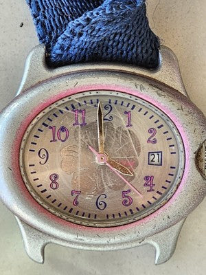 Timex Kids Watch Pink Bezel Blue Hook & Loop Strap CR1216 Cell Water Resistant