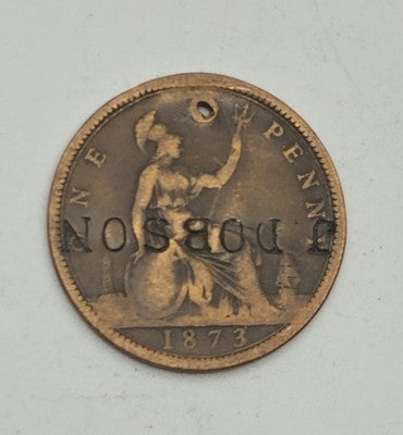 Antique 1873 QUEEN VICTORIA DOBSON COUNTERSTAMP HOLED PENNY