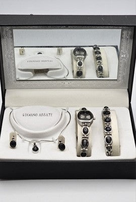 Luciano Abbate Silver Tone Black Stone Watch & Jewelry Set - Not Work - Boxed