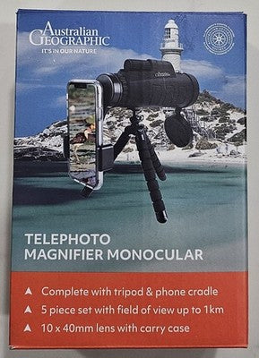 Australian Geographic 10 x40mm Telephoto Magnifier Monocular +Tripod +Cradle NEW