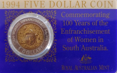 Australian $5 Dollar 1994 Coin Centenary of Women's Suffrage in SA coin card