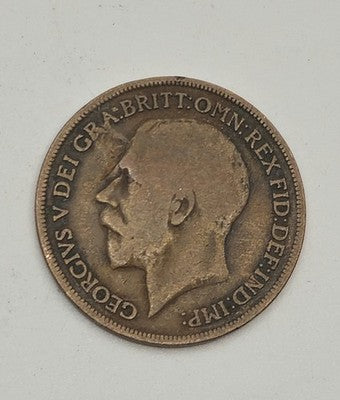 1913 Great Britain UK One ( 1 ) Penny King George V / Britannia Very Detailed VF