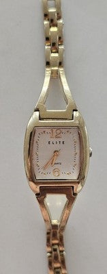 Elite 5089893 Ladies Gold Tone Quartz Watch Tonneau White Dial Bangle Strap