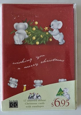 Kat Kards Australian Made Christmas Cards 12 Pack Assorted Koala Kangaroo Pengui