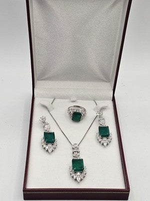 Luxury Emerald Green CZ Jewelry Set Ring Earrings Necklace Boxed Wedding Prom Gi