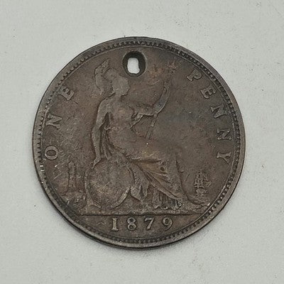 Antique Holed 1879 Queen Victoria Bronze Penny Coin