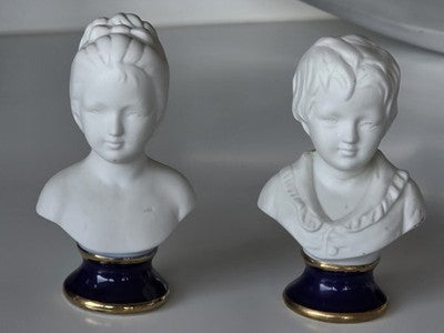 Pair of Vintage Limoges Style Porcelain Busts Cobalt Blue & Gold Gilt Base Figur