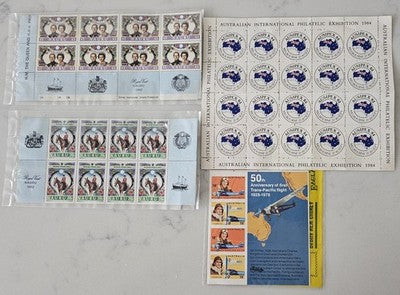 Lot of 4 Stamp Sheets: 1982 Nauru Royal Visit & 1984 AUSIPEX Exhibition