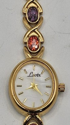 Womens Lsvtr Gold Tone Multi Colored Stones Watch New Battery Mother Of Pearl