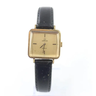 Vintage Omega watch with black leather strap on a white background from our Pre-Owned & Secondhand Watches collection