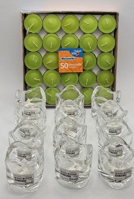 IKEA VASNAS Glass Tealight Candle Holders (12) + 50 Waxworks Citronella Tealight