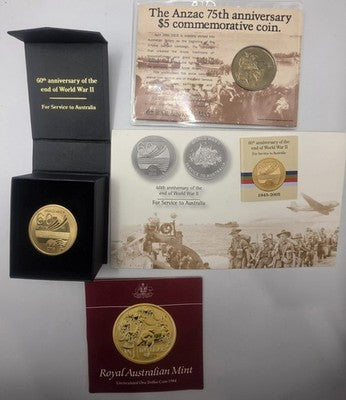 Australian Commemorative Coin Lot: 60th Anniv WWII, 75th Anzac $5, 1984 $1 Unc