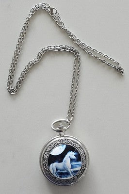 Vintage Style Unicorn & Moon Silver Quartz Pocket Watch - In Working Condition