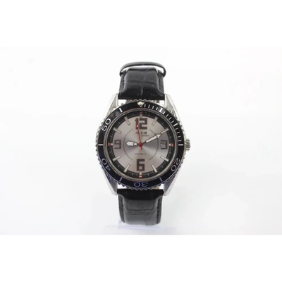 Wristwatch with black leather strap and silver case on a white background from Pre-Owned & Secondhand Watches collection 

