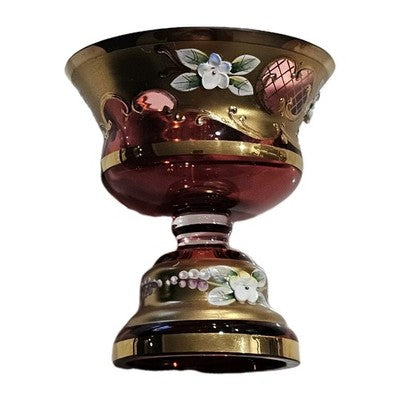 Vintage Murano Venetian Ruby Red Glass Compote Gold Gilt Hand Painted Floral 9cm