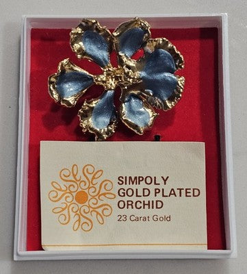 Vintage Simpoly 23 Carat Gold Plated Orchid Brooch Pin Blue Enamel with Case