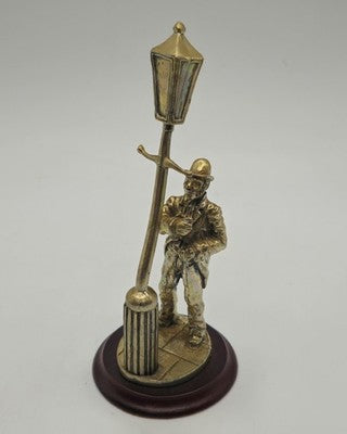English Miniature Fine Art Sculpture Lamplighter on Wooden Plinth