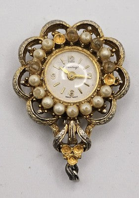 Vintage Corocraft Swiss Made Faux Pearl Gold Tone Brooch Watch Working Condition