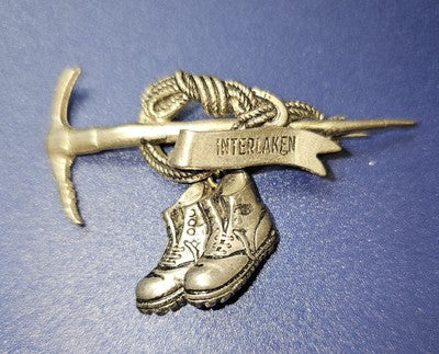 Vintage Interlaken Switzerland Alpine Souvenir Pin Hiking Boots Ice Axe Rope Bad