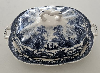 Antique Victoria Ironstone Transferware Covered Vegetable Dish Tureen Scenic